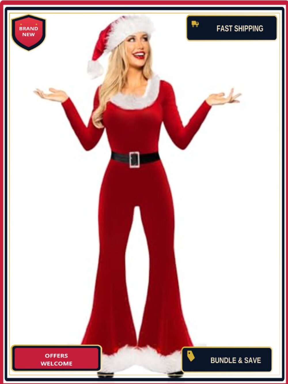 Women Velvet Mrs Claus Santa Jumpsuit Costume with Hat